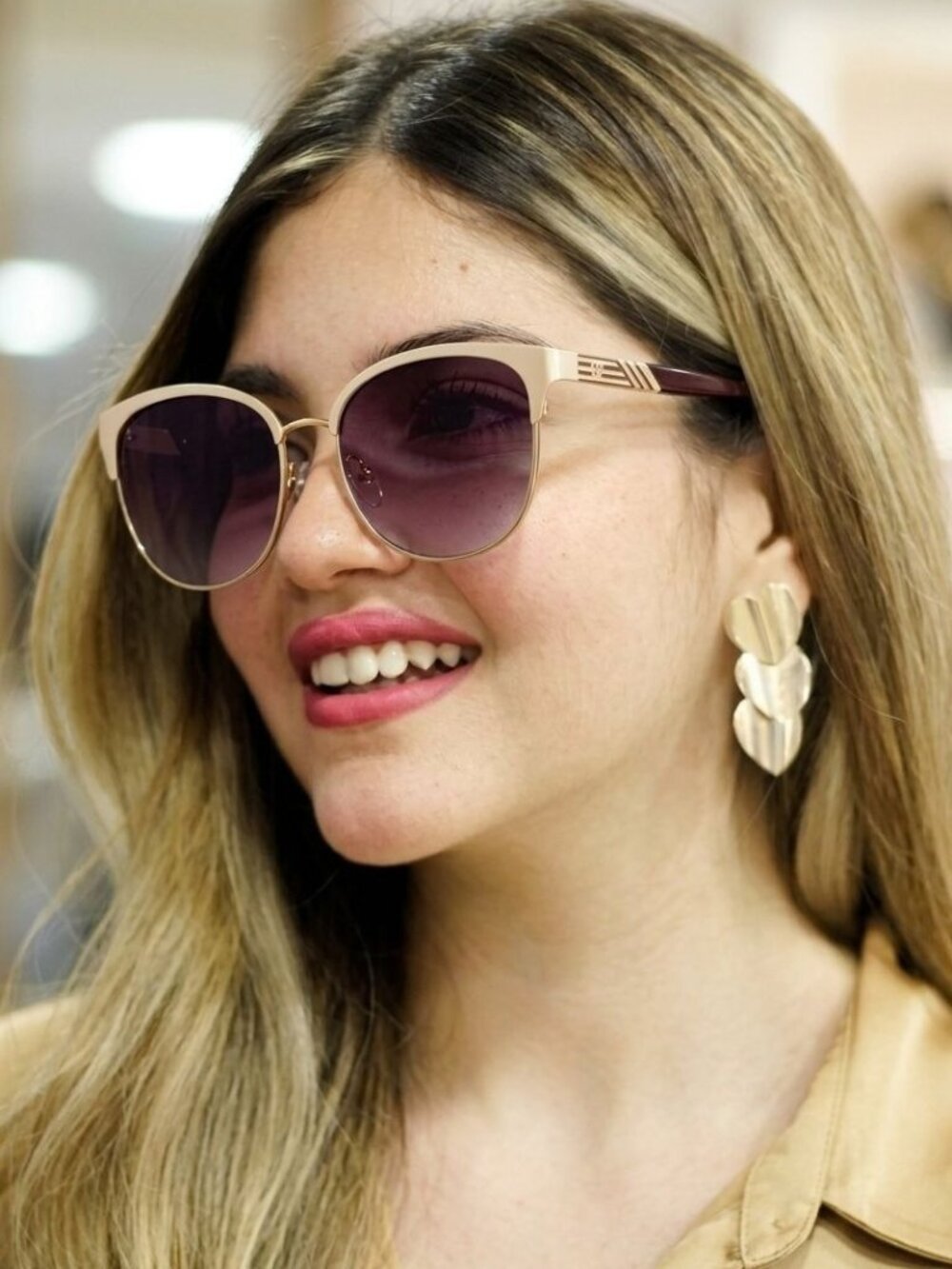Carolina Herrera Sunglasses SHE119 Beige Brown Gold Browline Designer NEW